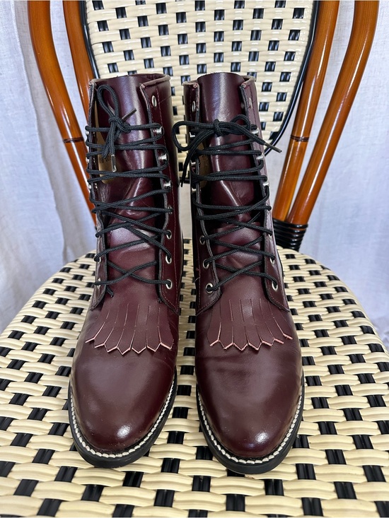 Justin Boots Shoes - 90s Women’s Diamond J Justin Burgundy Leather Lace-Up Boots